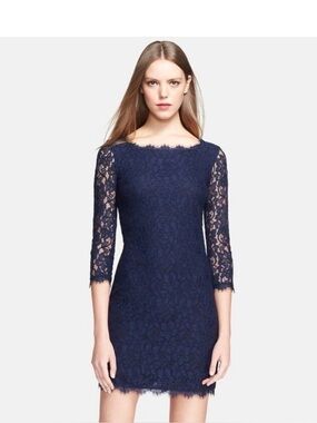 Diane Von Furstenberg’s classic Navy Lace Long Sleeve Sheath Dress